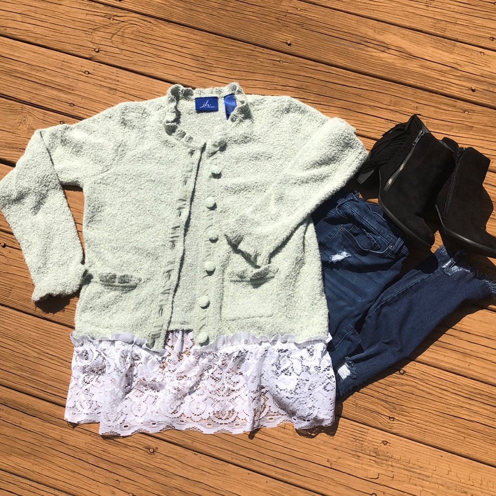 J H Collection Ruffled Neck Vintage Lace Hem Upcycled Button Down Sweater Sz M